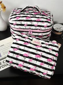1pc Beautiful Black And White Striped Pink Flamingoquilted Makeup Bag.Valentines Travel Make Up Bag, Multifunctional Cosmetics Bag.Handheld Bathroom Wash Bag, Jewelry Storage Bag, Perfume Skin Care Storage Bag, Brush Bag, Sanitary Napkin Bag - Black and White - View 14