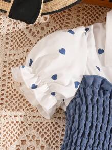 2 件套年轻女孩夏季套装，领口心形印花褶皱上衣和牛仔效果裤，时尚服装 - 藍色 - 查看 4