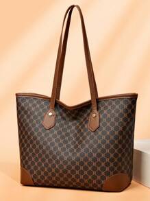 2pcs Set: Vintage Printed Tote Bag + Wallet, Fashion Large Capacity Handbag For Middle-Aged Women - Brown - View 2