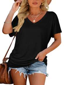 GEREARC Womens Basic Short Sleeve V Neck Tops With Side Shirring Loose Fit Shirts - màu đen - Xem 3