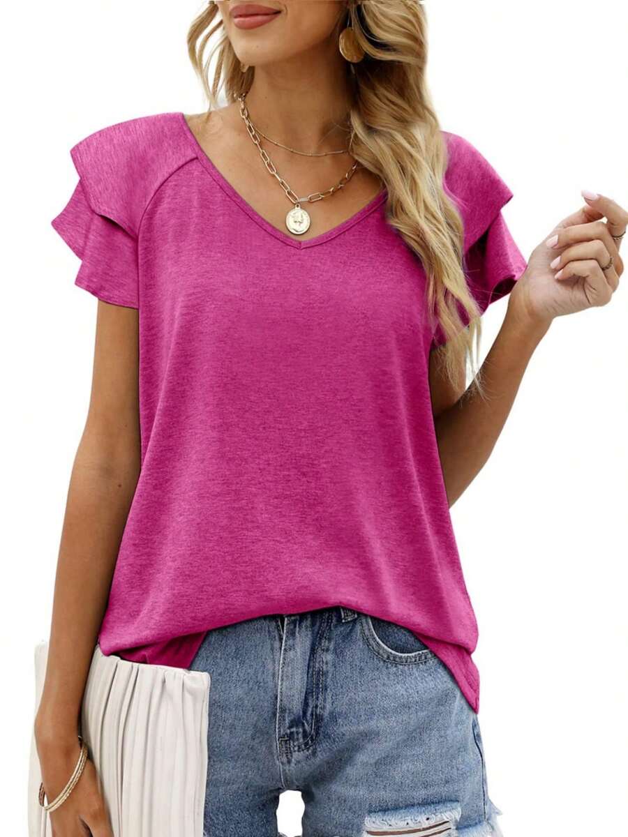 GEREARC Womens Summer Tops Ruffle Short Sleeve V Neck T-Shirts Loose Fit - màu nâu tím - Xem 1