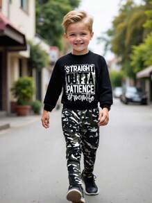 2pcs Young Boy Casual Letter Printed Long Sleeve Top And Camouflage Pants Set, Autumn