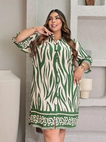 Women's Plus Size Zebra Chemise Shirt Dress With Ruched Kalhessi - Green - View 1