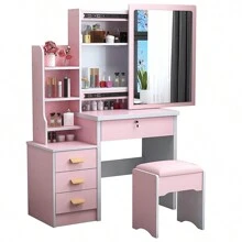Vanidad en Rosa para mujer - Estilo Moderno Vanidad con Cajones, Tocador con taburete-Apta para Áreas de Almacenamiento y Maquillaje,Adecuado para el Día de Muertos, Acción de Gracias y regalos de Navidad - Rosa - Ver 1