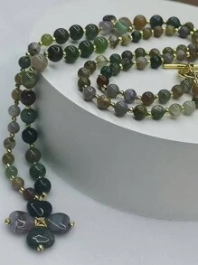 1pc Natural Stone Colorful Multicolor Original Design Four-Leaf Clover Pendant Long Necklace
