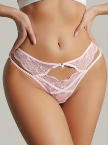 Valentine's Day Women's Pink Lace Patchwork Comfortable Breathable Low-Waist Hollow Sexy Thong Panties - Black - View 4