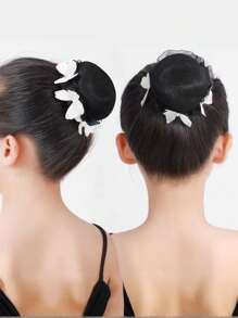 1pc Girl's Dance Class Bun Cover, White Rhinestone Butterfly Hair Net With Drawstring, Suitable For Dance Performance Or Exams - White - View 5