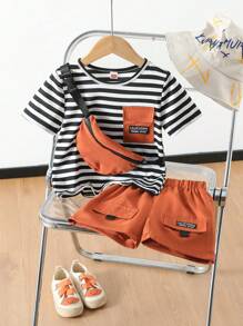 Young Boy Casual Striped Top + Simple Brown Versatile Shorts + Matching Bag Set - Brown - View 1