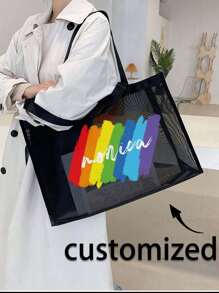 1 pieza Bolsa de malla personalizada con su propio diseño, diseño personalizado (nombre, logotipo, texto) plegable de gran capacidad, ligera, elegante, bolsa de hombro personalizada, bolsa de compras casual, bolsa de regalo personalizada para boda, cumpleaños, playa, vacaciones, para uso personal o regalo para amigos, mamá, maestros, bolsa de gran capacidad para mujeres