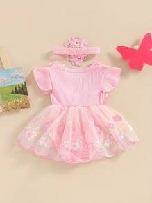 Newborn Baby Girl 1st Birthday Outfit Floral Lace Tulle Romper Tutu Dress Cake Smash Princess Boho Clothes Photo Shoot - 粉色 - 查看 4