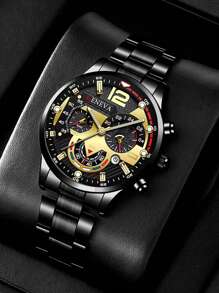 4pcs Quartz Watch Set For Men - Business Style Necklace, Bracelet, Ring, Stainless Steel Watch With Precise Date Display, Comfortable, Suitable For Casual And Sports - Ideal Gift For Him - Black - View 4