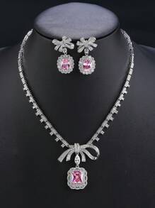 1 Conjunto de 3 piezas de joyería de lujo con diseño de lazo con circonita cúbica, collar y pendientes adecuados para fiesta de noche, accesorio de collar personalizado a juego con vestido de noche, boda, día de San Valentín, regalo para mamá, Día de la Madre