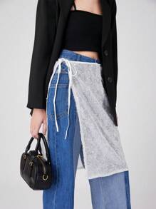 1 szt. Długa sukienka z cekinami, koronką laserową, punkową, przezroczystą, wiązaną, fartuchową, modna, niezbędna i wszechstronna część garderoby - Biały - Zobacz 3