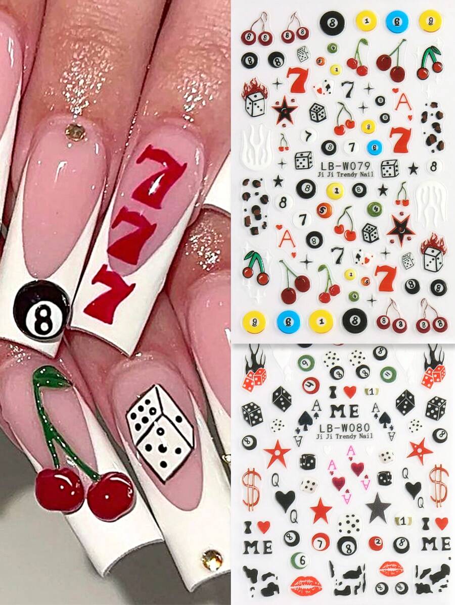 2 Packs Y2K Nail Art Stickers, Cartoon Cherry Leopard Stars Billiards Playing Cards, 3D Self-Adhesive Plastic Nail Embellishments, Glossy Finish, Single Use, Embroidered Look, Rectangle Shape, For DIY Manicure Nails Nail Supplies - Multicolor - View 1