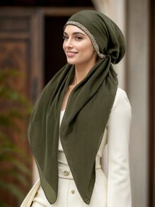 1pc Women's Solid Color Muslim Hijab Scarf, Fashionable Simple Sheer Fabric Head Wrap, Conservative Design For Outdoor Prayer, Breathable - Solid Color Rhinestone Turban Hat - View 24