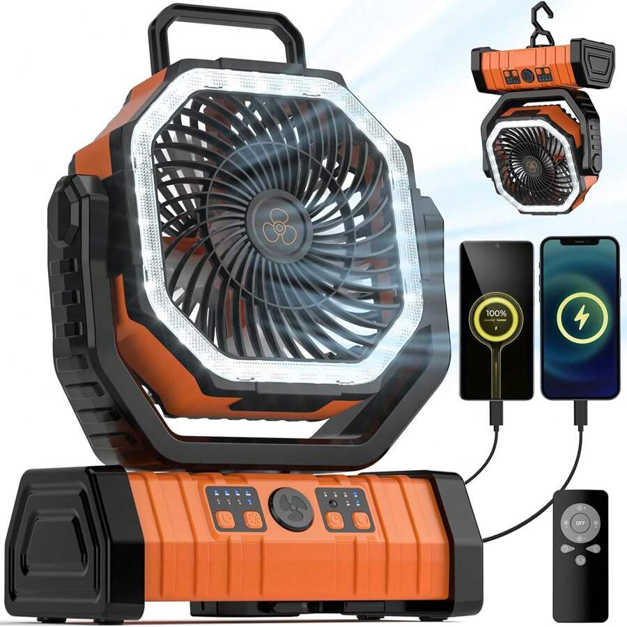BDQ 20000mAh 1PC Portable Rechargeable Fan - Camping Fan For Tent,Fan 3-In-1 Camping Fan USB Fan With Light & Remote For Indoor,Cordless Fan Can Be Hung Upsde Down,Outdoor, Tent, Travel, BBQ, Fishing, Jobsite - 亮橙色 - 查看 1
