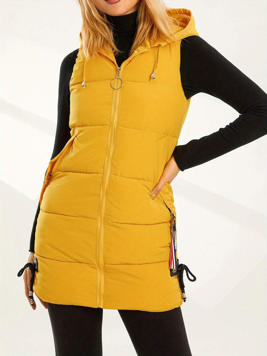 Women Down Jacket Waistcoat Solid Color Drawstring Hooded Sleeveless Zipper-Up Vests Autumn Winter Casual Warm Outerwear