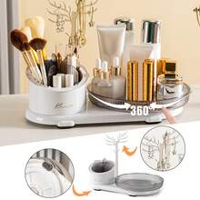 Caja de exhibición de cosméticos giratoria de 360 ​​​​°, almacenamiento de cosméticos de gran capacidad, con particiones, material plástico pulido, soporte elástico, sin fragancia especial, adecuada para productos para el cuidado de la piel y herramientas de maquillaje, puede acomodar al menos 20 pinceles de maquillaje / delineadores de ojos, 10 lápices labiales y 8 productos para el cuidado de la piel - Blanco - Ver 7