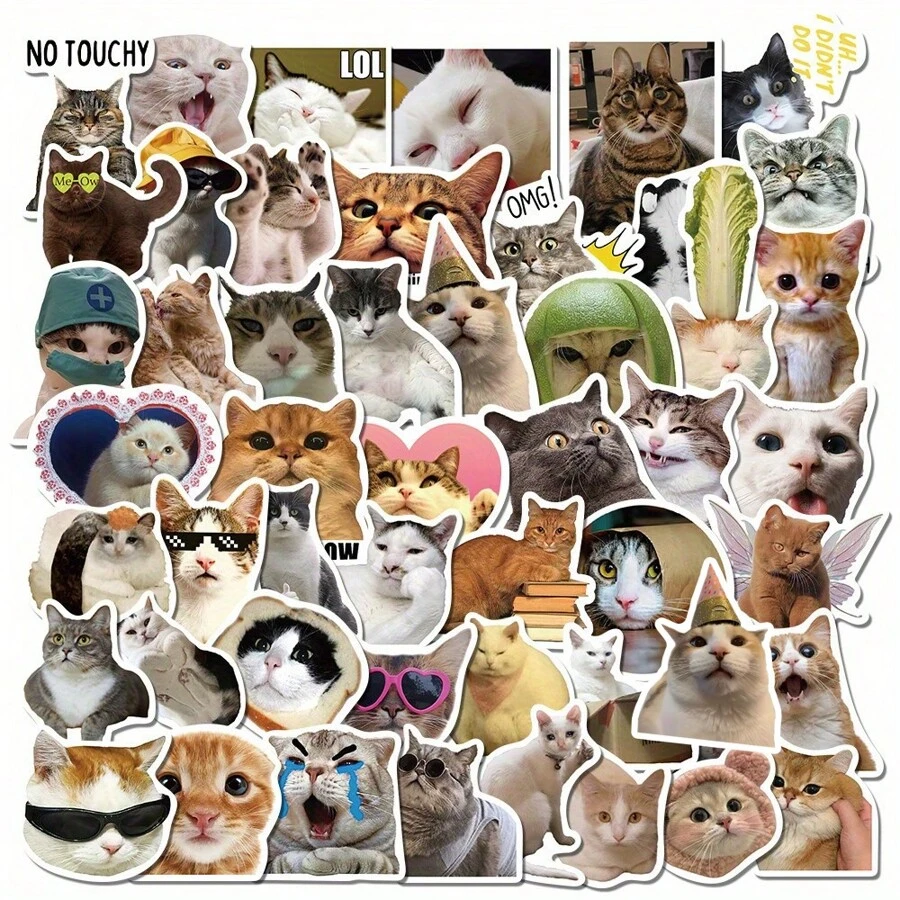 50 张/包可爱小猫表情包美学贴纸，卡通趣味美学贴纸包，适用于剪贴簿、密封标签、文具、卡片、信封、吉他、节日礼物、青年派对、奖励和激励 - 黑色 - 查看 1