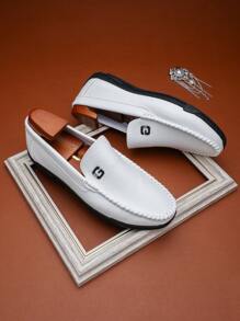 British Style Casual Solid Color Metal Decor Low-Top Flat Loafers For Men, Suitable For Leisure, Commuting, Riding, Beach, Camping, Fashionable & Versatile - White - View 2