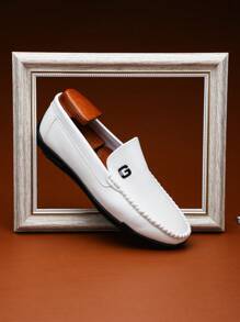 British Style Casual Solid Color Metal Decor Low-Top Flat Loafers For Men, Suitable For Leisure, Commuting, Riding, Beach, Camping, Fashionable & Versatile - White - View 6