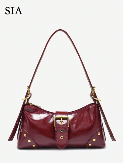 1pc Women's Retro Mehargarh Red Wasteland Soft Distressed Leather Leopard Print Motorcycle Bag With Rivets & Buckle Decor, Suitable For Work, Commute, Date, Party - Shoulder/Underarm Bag, Baguette Style, Y2k Bag, Gothic Punk Bag For Women, 2000s Fashion Style Bag For Women, Vintage Bag For Women, Halloween Purse Perfect For Fancy Party Halloween Fashion & Gothic Fashion