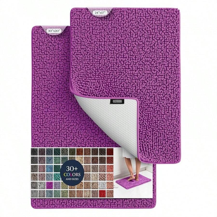 BELADOR Bathroom Rugs Sets 2 Piece- Plush Bath Mat Set Quick-Dry Soft Chenille Mat With Rubber Backing, Absorbent Rug Set, Washable Bath Rugs - Bath Mats 24x17 + 30x20 - 亮紫色 - 查看 1