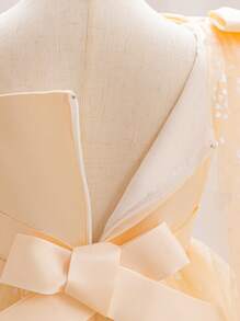 H HIBOBI Asymmetric Sleeve Cape Decor Bow Accent Tulle Party Dress For Baby Girls, Birthday - Champagne - View 7