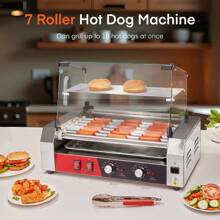 Hot Dog Roller 7 Rollers 18-24 Hot Dogs Capacity, 1050W Hot Dog Machine With Bun Warmer Shelf, Dual Temp Control, Glass Cover, Removable Tray For Commercial And Party - US B Type Plug(110-127V) - View 3