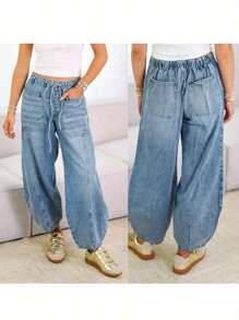 Women Jeans, Elastic Waist Tie-Up Solid Loose Trousers Streetwear With Pockets For Daily - Light Blue - View 3