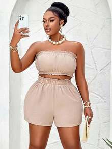 Conjunto de top tubo y shorts de unicolor para mujer talla grande - Crema - Ver 6