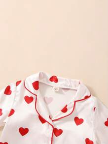 Kids Toddler Baby Girl Valentine's Day Pajamas Set, Heart Print Lapel Button Silk Pajamas 2 Piece Satin Pjs Sleepwear Outfit - 紅色 - 查看 5