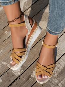 Women's Wedge Platform Sandals, Summer Rope Woven Open Toe Criss-Cross Breathable Slides, Casual Fashion Versatile Strap Sandals