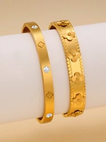 Exaggerated 4-Leaf Clover Stainless Steel Bangle Set For Women, Suitable For Multiple Occasions, Couples, Gala, Party And Gift