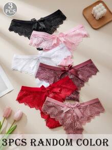 3 件装 女士蝴蝶结蕾丝性感丁字裤 多种颜色可选 - 彩色 - 查看 1