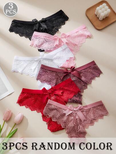 3 件装 女士蝴蝶结蕾丝性感丁字裤 多种颜色可选