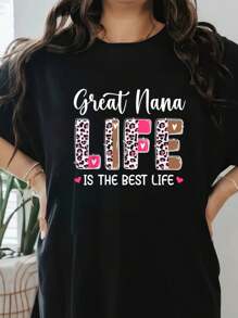 Great Nana Life Is The Best Life Great Nana T-Shirt Print T-Shirt, Short Sleeve Round Neck Casual Top For Summer & Spring, Women's Clothing - màu đen - Xem 1