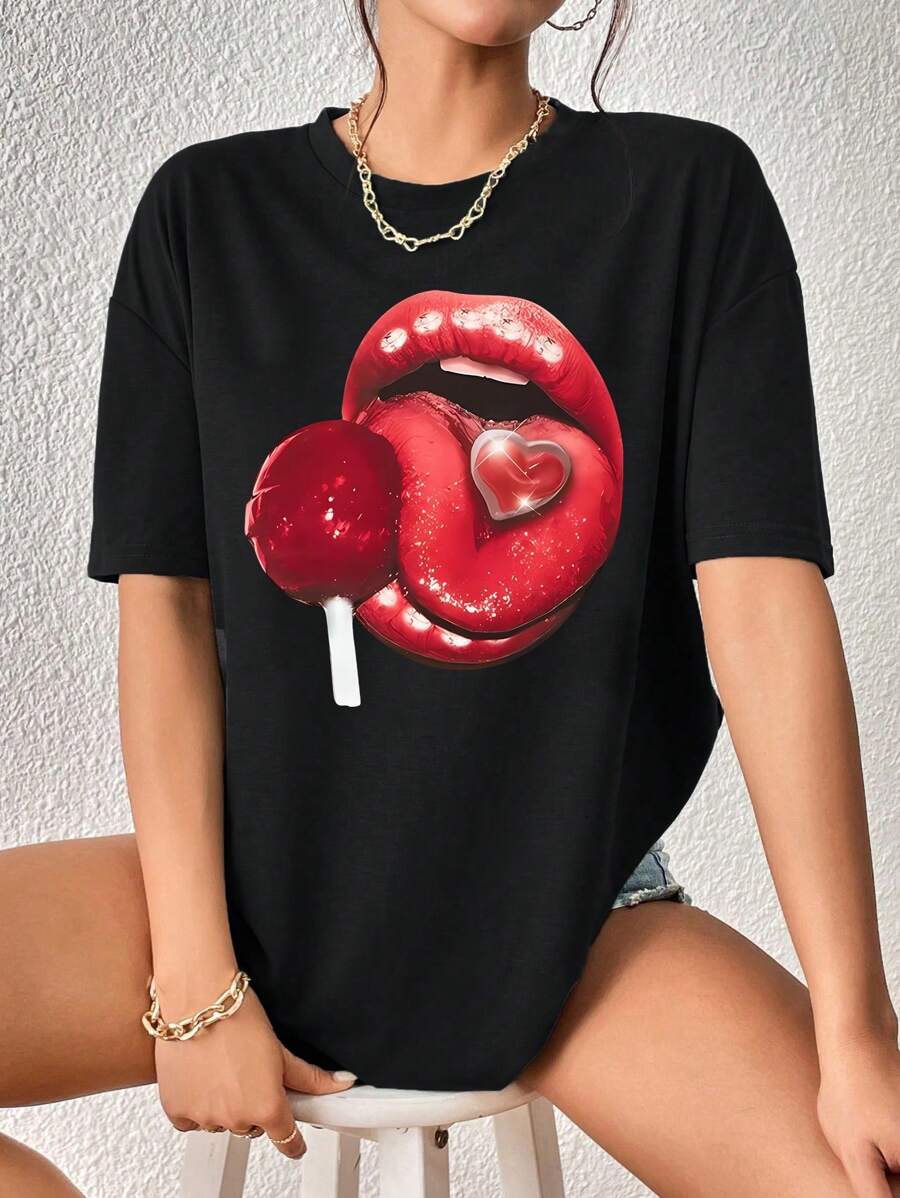 Summer Casual Women's Round Neck T-Shirt, Lip T-Shirt, Slim Fit Short Sleeved T-Shirt - 黑色 - 查看 1