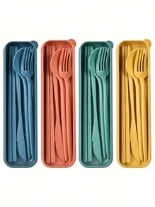 Set de 3 piezas de utensilios de viaje portátiles con estuche, cubertería reutilizable que incluye cubiertos, cuchara de café, tenedor de ensalada, cuchillo de bistec, palillos para comida, cuchara de postre y caja de almacenamiento, cubertería reutilizable con estuche, set de utensilios portátil para adultos - Multicolor - Ver 3