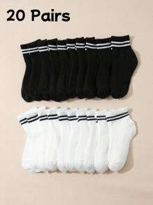 6pcs/10pcs/16pcs/20pcs Kids & Youth Black & White Striped Athletic Socks, Student Back To School Daily Casual Socks, Toddler Mid-Calf Socks 1-3Y