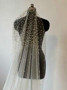 单层薄纱长款仿珍珠新娘头纱，及地教堂式头纱，适合女士秋季服装和情人节配饰 - 象牙色 - 查看 5