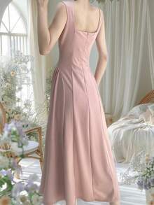 Romantic Pink Square Neck Elegant A-Line Sleeveless Midi Spring Summer Graduation Dress - Baby Pink - View 10