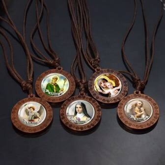 1 pieza Collar con colgante de madera de San Antonio, San Miguel, San Francisco, y cadena de cuerda cristiana como regalo del Día de San Patricio