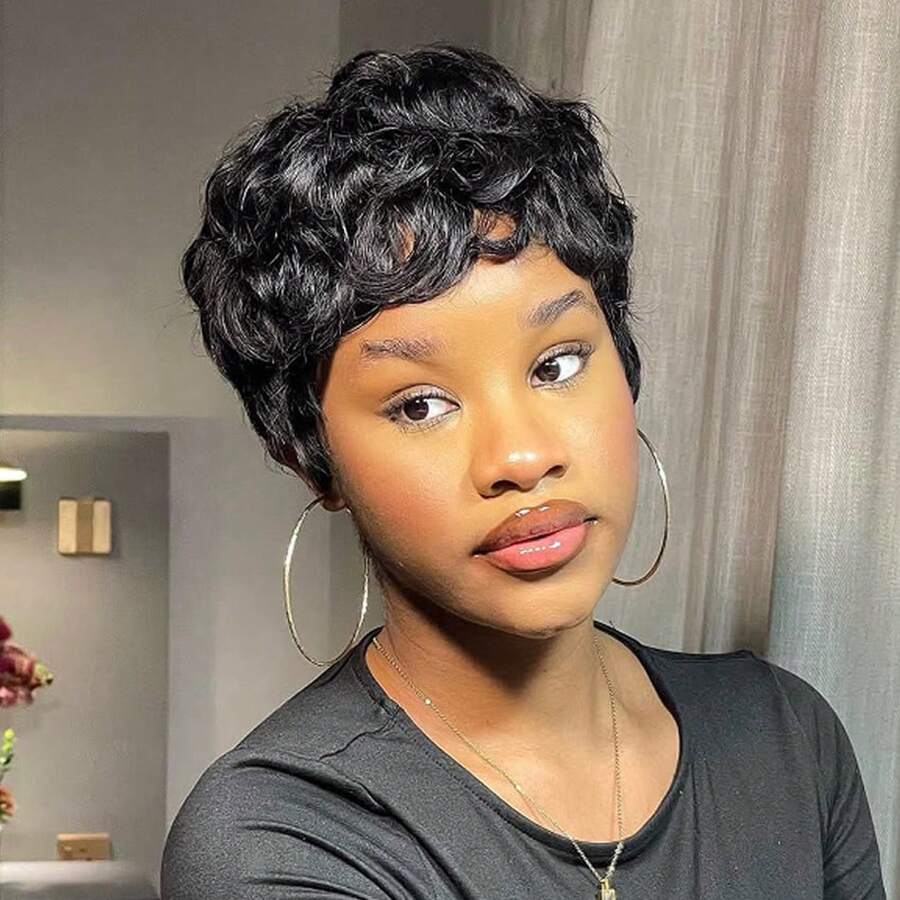 Peluca corta con corte pixie ondas sueltas y rizos elegantes para mujer, cabello humano brasileño con rizos sueltos, peluca pixie con corte completo fabricada a máquina, peluca sin pegamento de 6 pulgadas - Negro - Ver 1