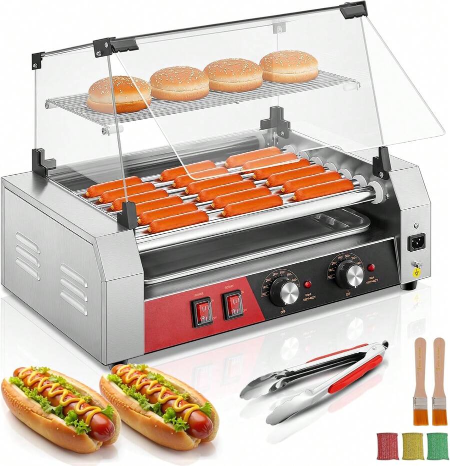 Hot Dog Roller 7 Rollers 18-24 Hot Dogs Capacity, 1050W Hot Dog Machine With Bun Warmer Shelf, Dual Temp Control, Glass Cover, Removable Tray For Commercial And Party - US B Type Plug(110-127V) - View 1