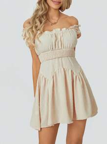 Women Summer Short Dress Solid Color Ruched Bust Boat Neck Off Shoulder Puff Sleeve A-Line One Piece For Ladies - Apricot - View 3