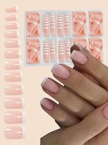 120 片中号方形美甲按压式指甲，简约优雅的白色粉色渐变假指甲，时尚奶油色渐变桃粉色渐变假指甲，全覆盖假指甲套装，适合女性和女孩，1 片果冻凝胶 + 1 条锉刀果冻凝胶，随机发货，美甲用品，指甲