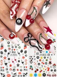2 Packs Y2K Nail Art Stickers, Cartoon Cherry Leopard Stars Billiards Playing Cards, 3D Self-Adhesive Plastic Nail Embellishments, Glossy Finish, Single Use, Embroidered Look, Rectangle Shape, For DIY Manicure Nails Nail Supplies - Multicolor - View 2