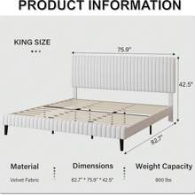 Estructura de cama individual/matrimonio/queen/king, estructura de cama de terciopelo, estructura de cama tapizada con cabecero y pie de cama acolchados con costuras verticales, disponible en rosa/verde/negro/azul/blanco - Blanco - Ver 10