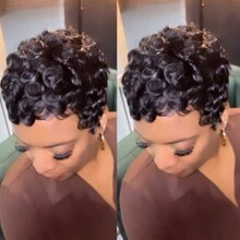 Peluca corta con corte pixie ondas sueltas y rizos elegantes para mujer, cabello humano brasileño con rizos sueltos, peluca pixie con corte completo fabricada a máquina, peluca sin pegamento de 6 pulgadas - Negro - Ver 7